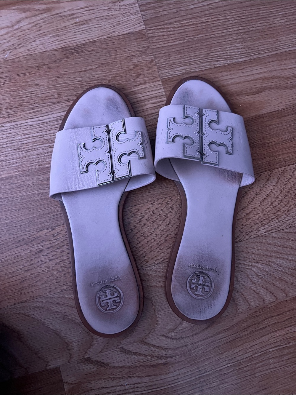 Tory Burch White Leather Slide Sandals with Logo